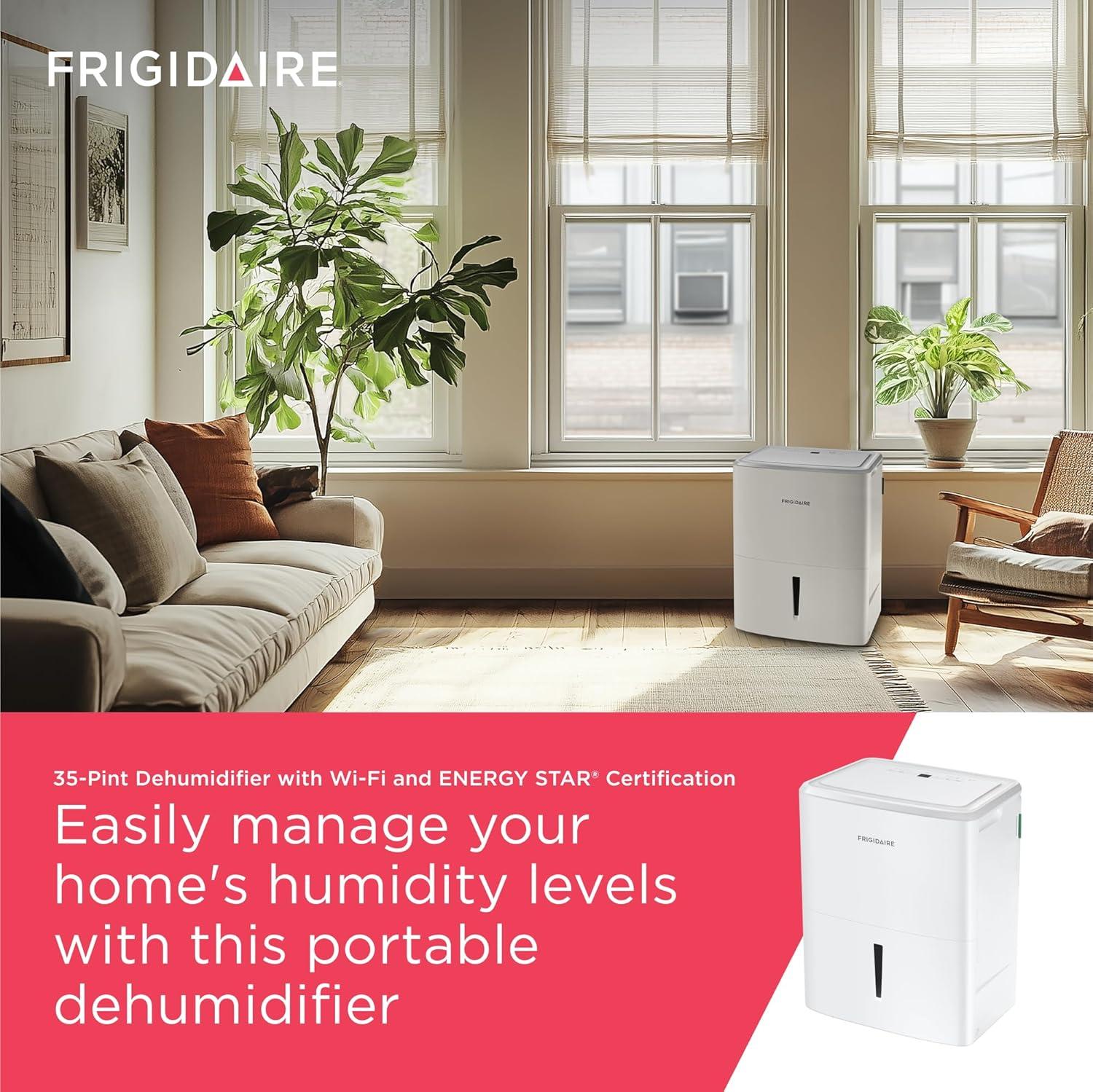 imageFrigidaire 35Pint Portable Dehumidifier with WiFi and Energy Star Certification for SmallMediumLarge Rooms ampamp Basements Custom Humidity Control Auto Shut Off White35 Pint New 2025