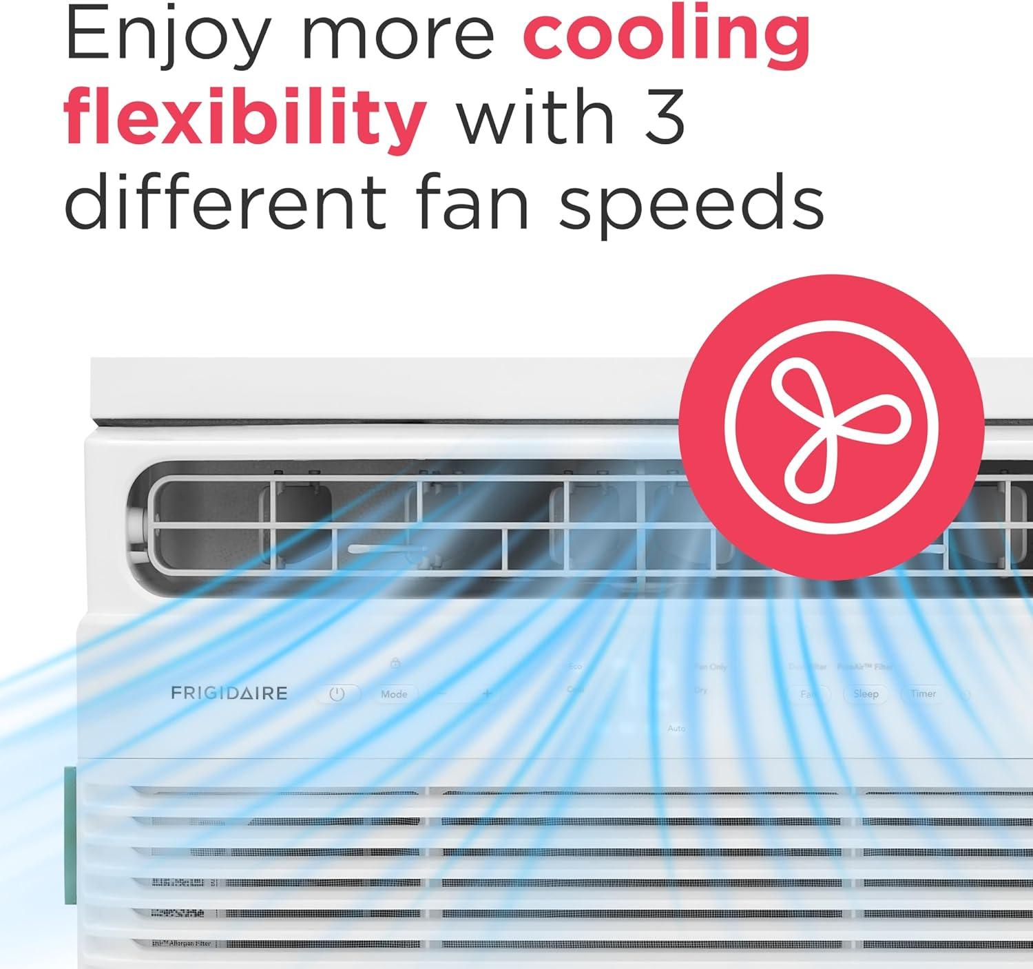 imageFrigidaire 8000 BTU Window Air Conditioner with Remote Control Cools Up to 350 Sq Ft Quiet Operation Eco Mode 3 Fan Speeds Auto Restart White5 000 BTU Electronic Controls