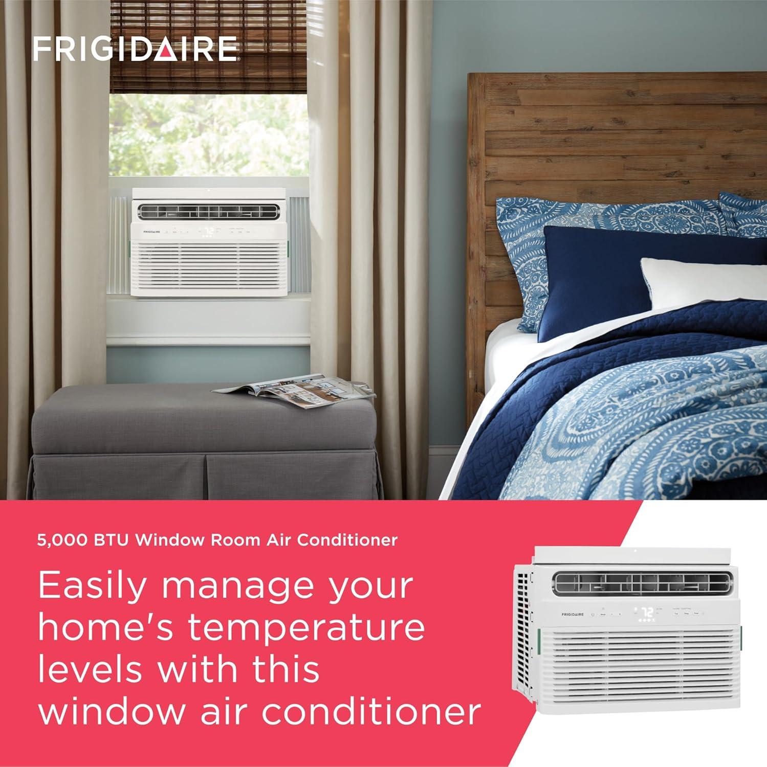 imageFrigidaire 8000 BTU Window Air Conditioner with Remote Control Cools Up to 350 Sq Ft Quiet Operation Eco Mode 3 Fan Speeds Auto Restart White5 000 BTU Electronic Controls