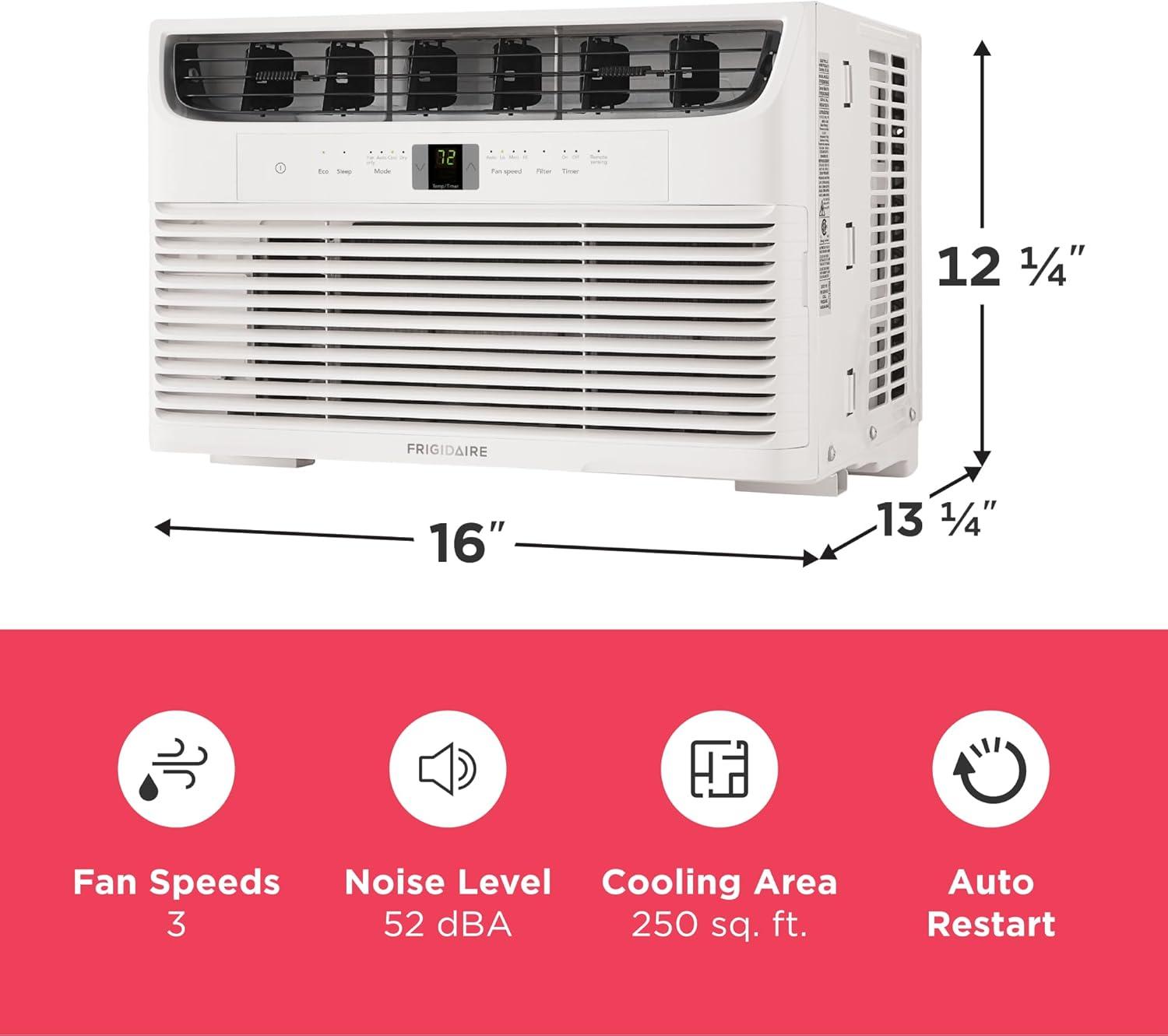 imageFrigidaire 8000 BTU Window Air Conditioner with Remote Control Cools Up to 350 Sq Ft Quiet Operation Eco Mode 3 Fan Speeds Auto Restart White6 000 BTU Electronic Controls
