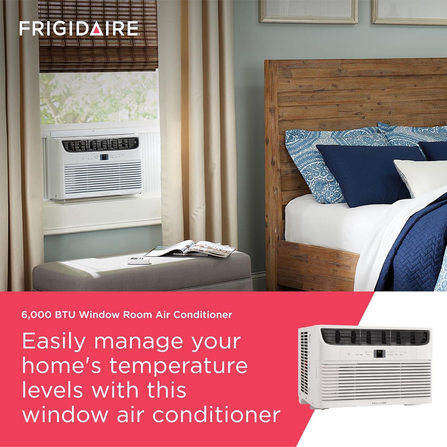 imageFrigidaire 8000 BTU Window Air Conditioner with Remote Control Cools Up to 350 Sq Ft Quiet Operation Eco Mode 3 Fan Speeds Auto Restart White6 000 BTU Electronic Controls