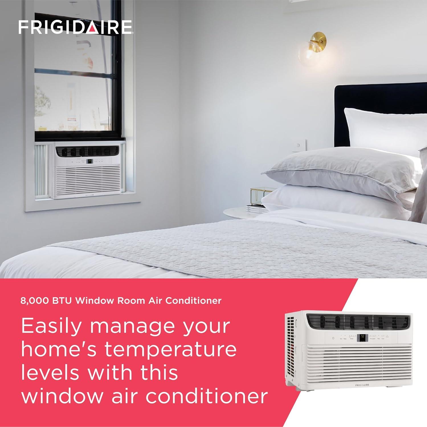 imageFrigidaire 8000 BTU Window Air Conditioner with Remote Control Cools Up to 350 Sq Ft Quiet Operation Eco Mode 3 Fan Speeds Auto Restart White8 000 BTU Electronic Controls