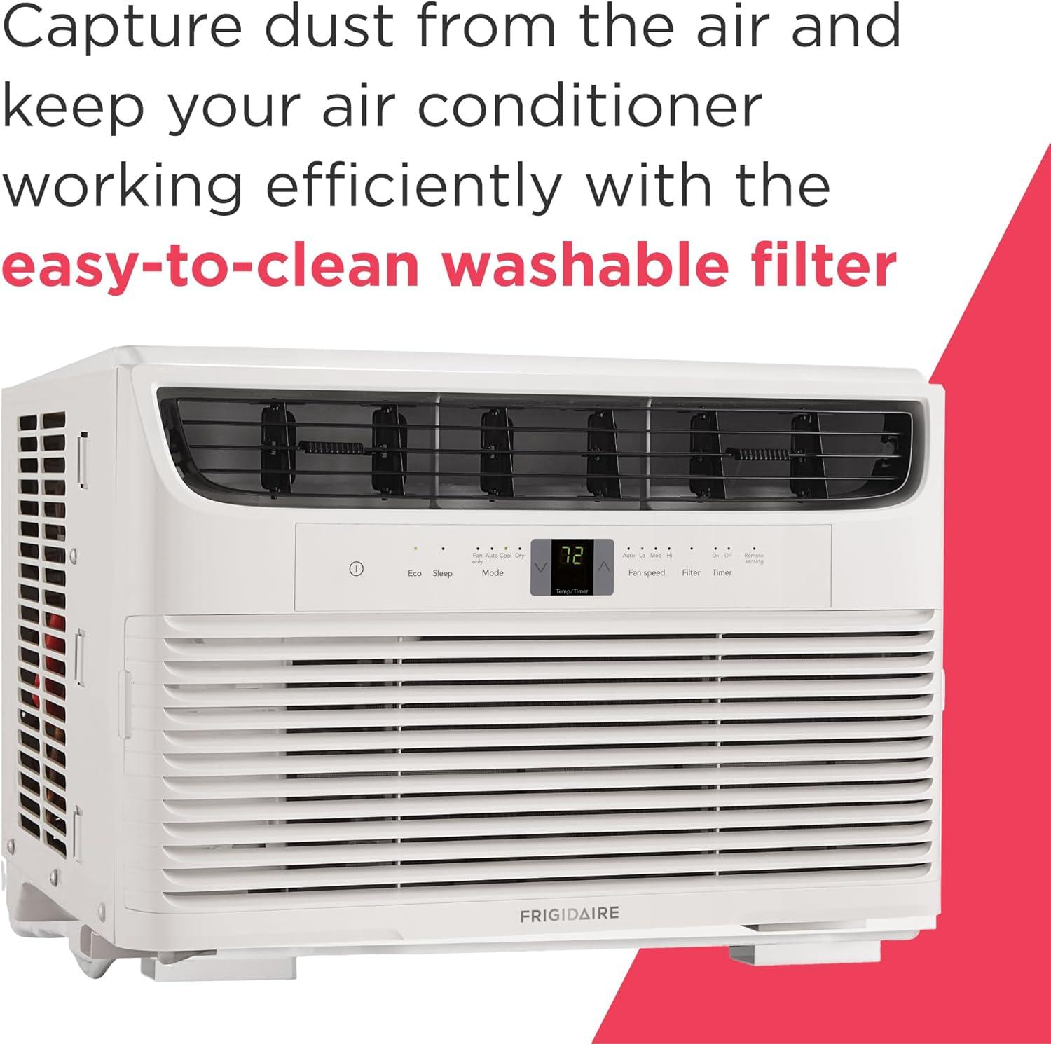 imageFrigidaire 8000 BTU Window Air Conditioner with Remote Control Cools Up to 350 Sq Ft Quiet Operation Eco Mode 3 Fan Speeds Auto Restart White8 000 BTU Electronic Controls