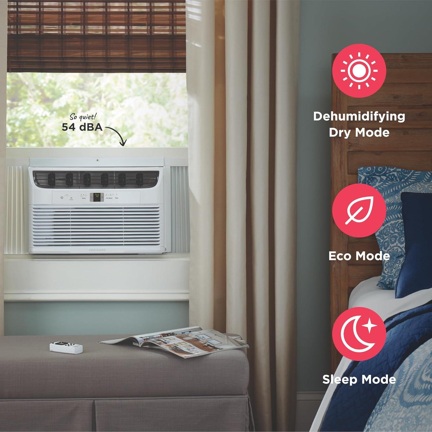imageFrigidaire 8000 BTU Window Air Conditioner with Remote Control Cools Up to 350 Sq Ft Quiet Operation Eco Mode 3 Fan Speeds Auto Restart White8 000 BTU Electronic Controls