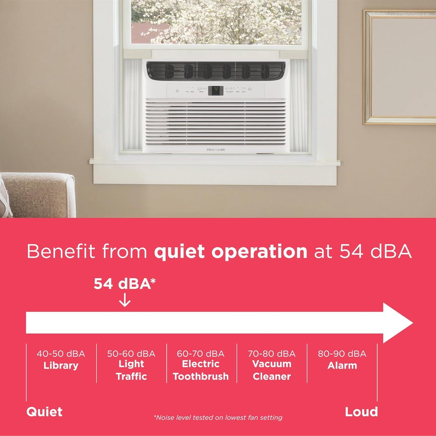 imageFrigidaire 8000 BTU Window Air Conditioner with Remote Control Cools Up to 350 Sq Ft Quiet Operation Eco Mode 3 Fan Speeds Auto Restart White8 000 BTU Electronic Controls