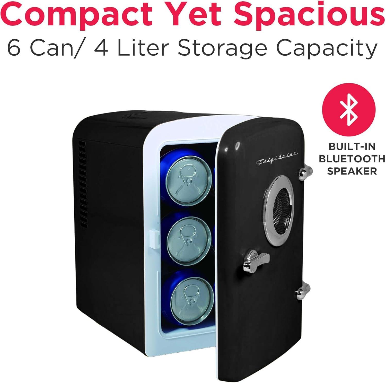 imageFrigidaire EFMIS151 Mini Portable Compact Personal Home Office Fridge Cooler BUILT IN SPEAKER 4L Capacity Chills Six 12 oz Cans 100 FreonFree ampamp Eco FriendlyBlack
