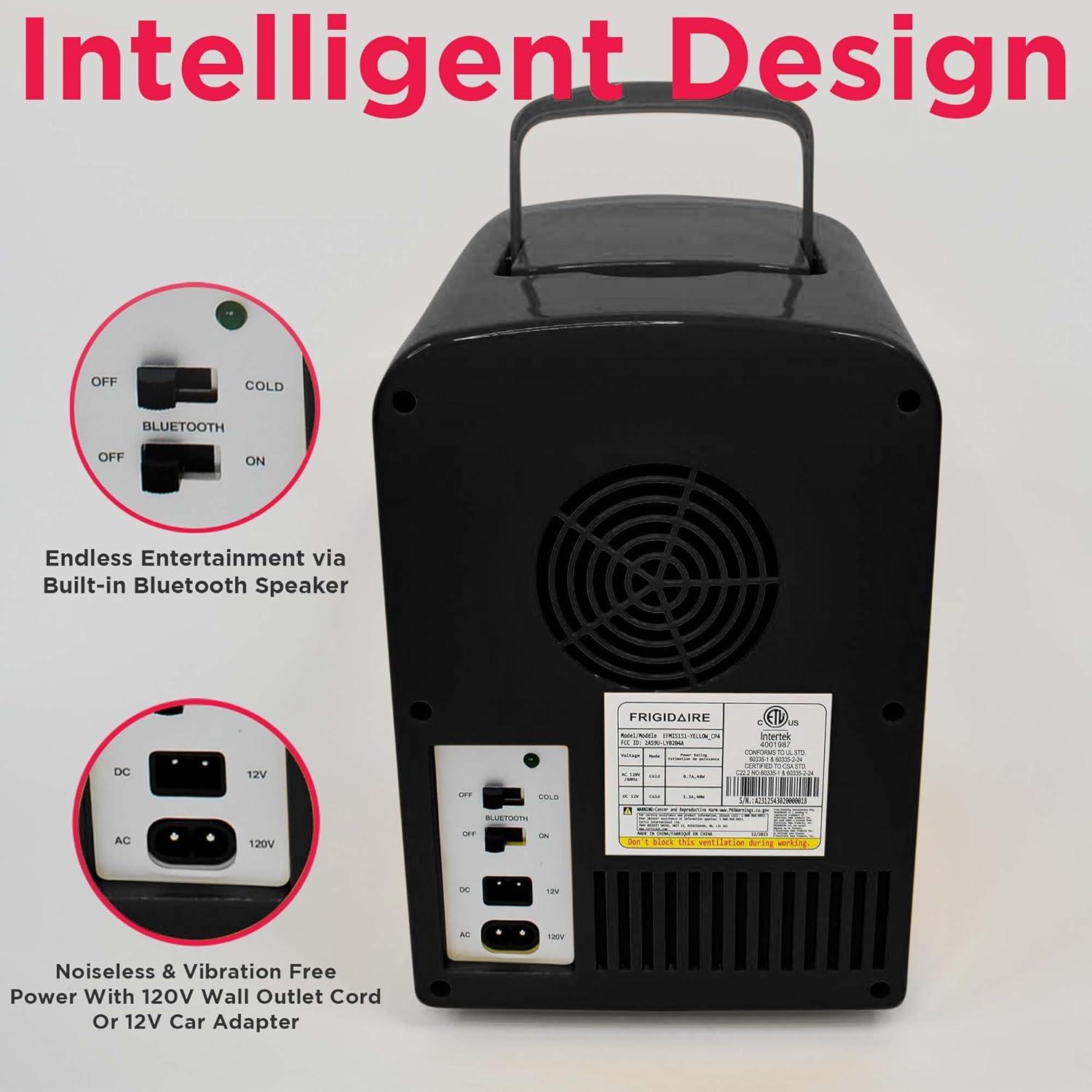 imageFrigidaire EFMIS151 Mini Portable Compact Personal Home Office Fridge Cooler BUILT IN SPEAKER 4L Capacity Chills Six 12 oz Cans 100 FreonFree ampamp Eco FriendlyBlack