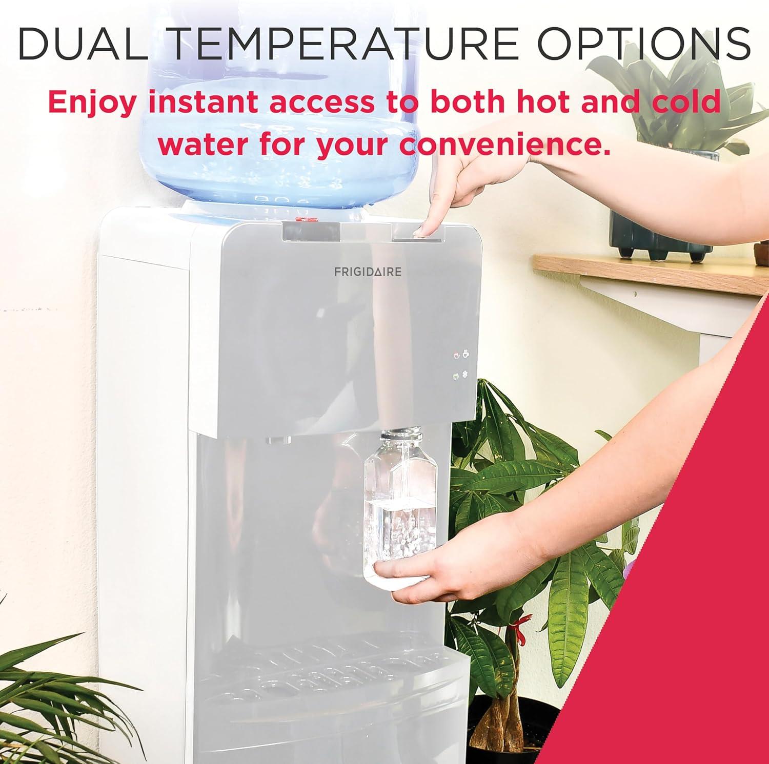 imageFrigidaire EFWC498 Top Loading Cooler Dispenser Hot ampamp Cold Water Child Safety Lock Innovative Slim ampamp Sleek Design Holds 3 or 5 Gallon Bottles BlackWhite