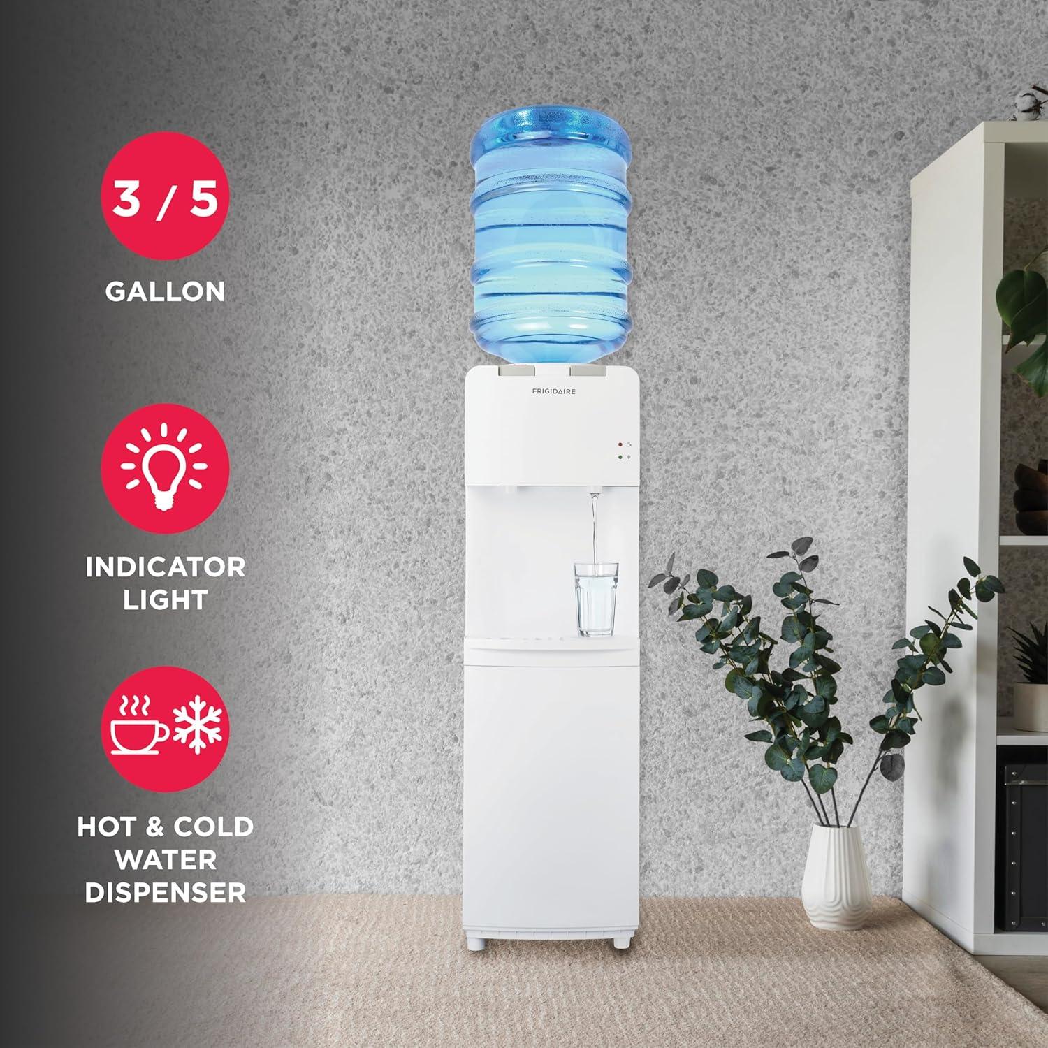 imageFrigidaire EFWC498 Top Loading Cooler Dispenser Hot ampamp Cold Water Child Safety Lock Innovative Slim ampamp Sleek Design Holds 3 or 5 Gallon Bottles BlackWhite