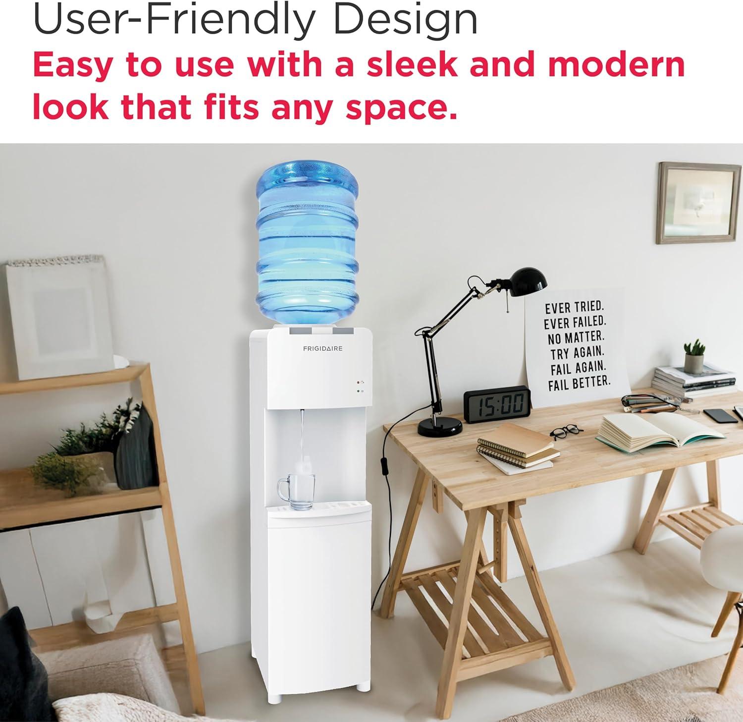 imageFrigidaire EFWC498 Top Loading Cooler Dispenser Hot ampamp Cold Water Child Safety Lock Innovative Slim ampamp Sleek Design Holds 3 or 5 Gallon Bottles BlackWhite