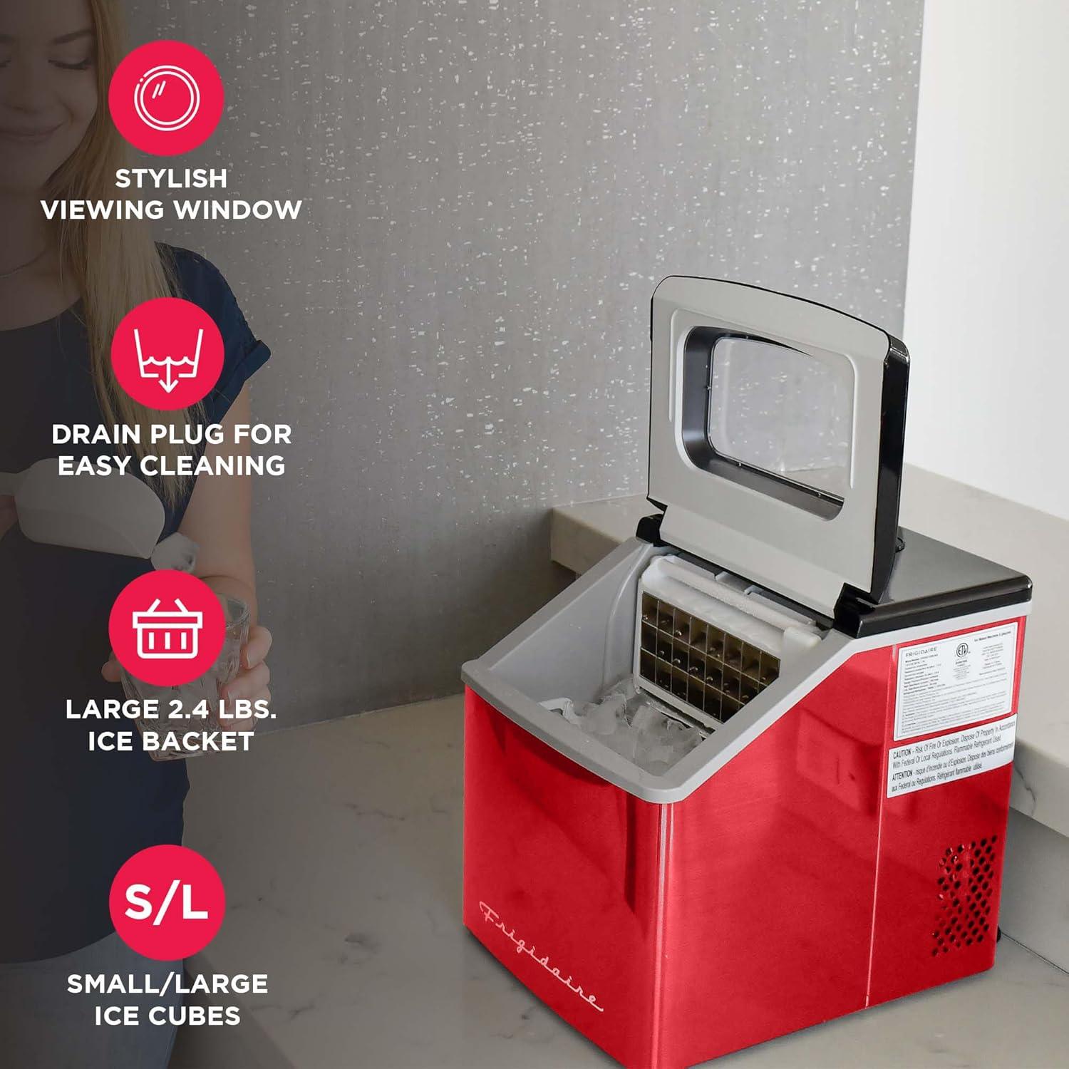 imageFrigidaire Ice Maker EFIC452 Countertop Stainless Steel Ice Maker with Transparent Window Clear Ice Cube Maker with 40 lbs Capacity Ice Maker Machine 148quot D x 11quot W x 141quot H Blackred stainless