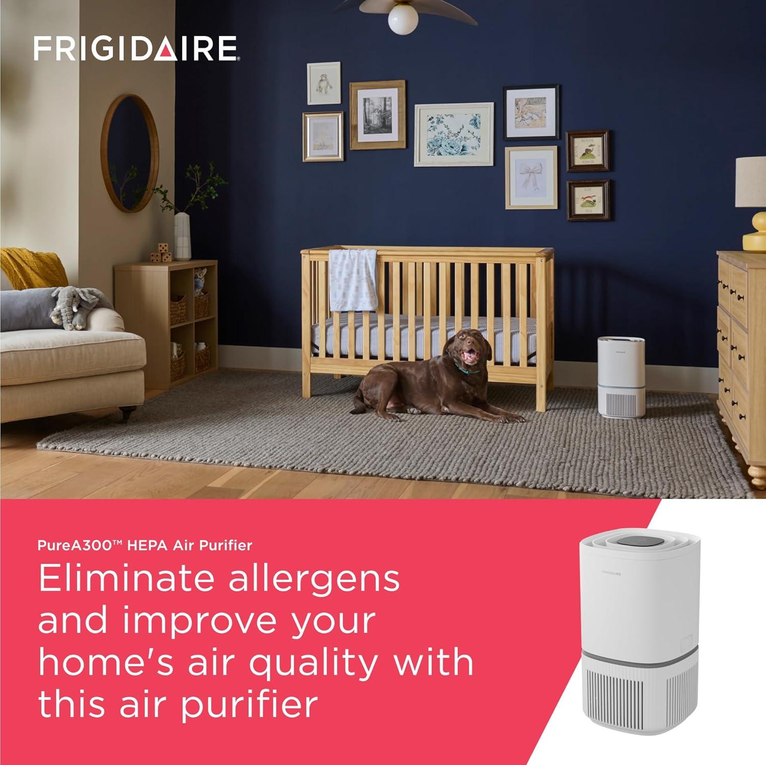 imageFrigidaire PureA300 HEPA Air Purifier for Small Bedrooms Covers up to 850 Sq Ft 3Stage Filtration Energy Star Certification Air Quality Monitoring Smart Mode Ultra Quiet White850 Square Feet