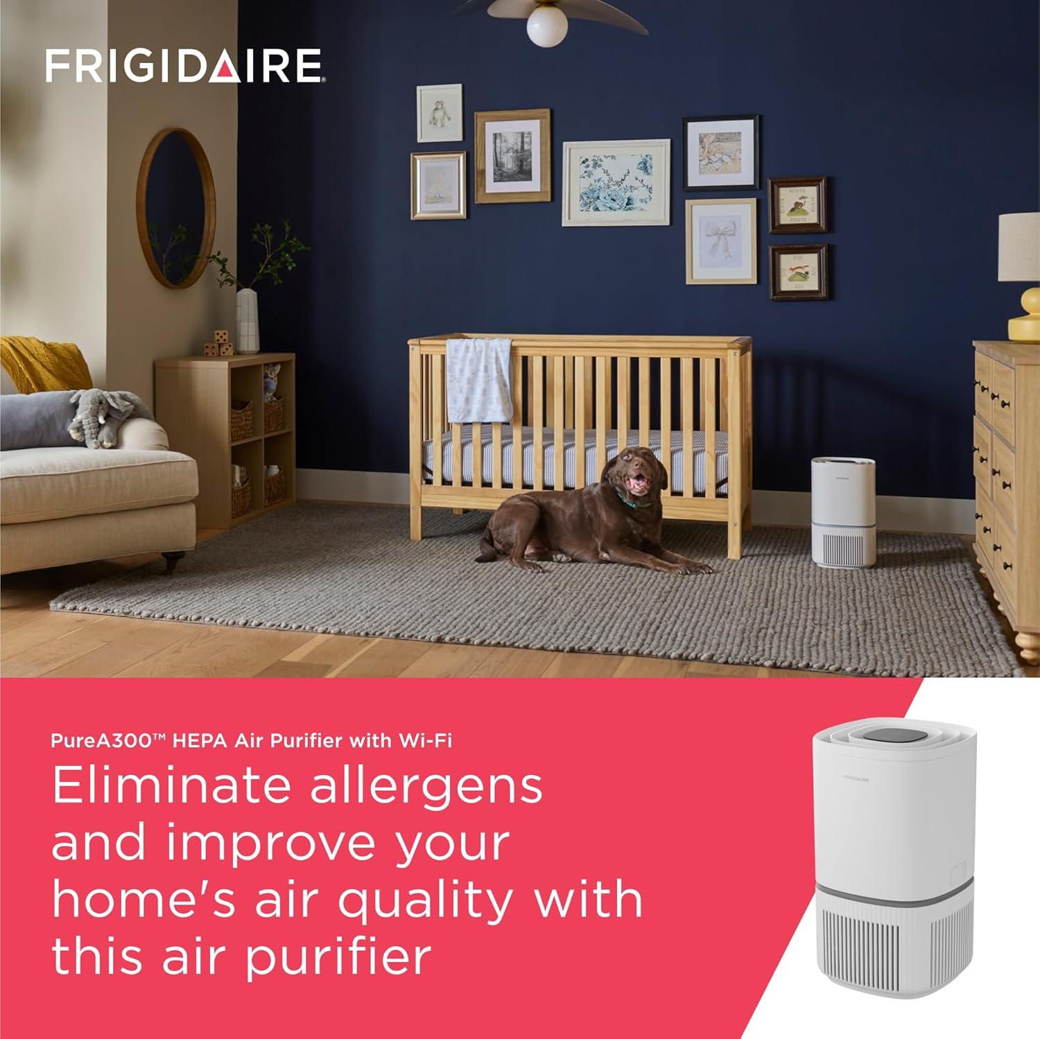 imageFrigidaire PureA300 HEPA Air Purifier for Small Bedrooms Covers up to 850 Sq Ft 3Stage Filtration Energy Star Certification Air Quality Monitoring Smart Mode Ultra Quiet White850 Square Feet Wifi