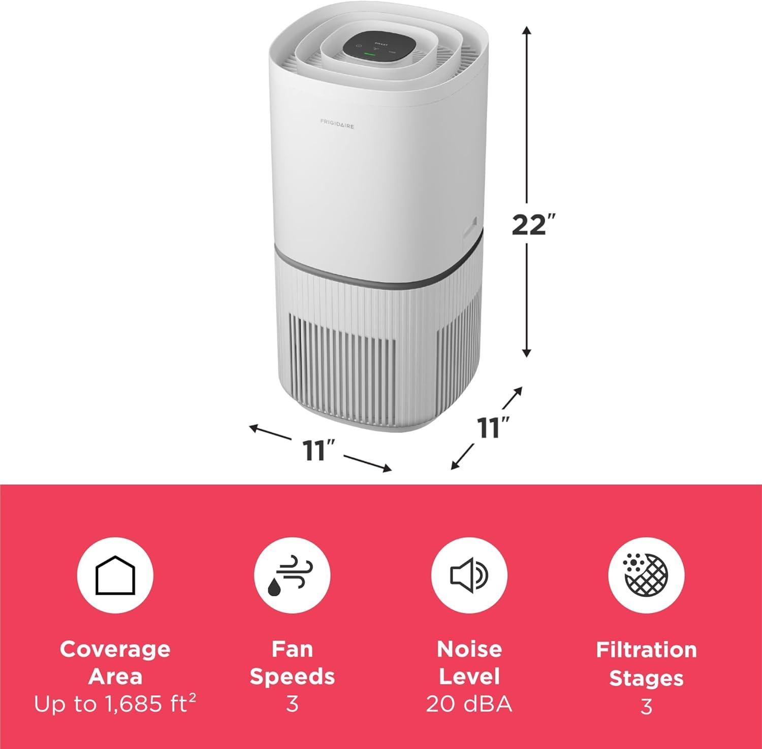 imageFrigidaire PureA300 HEPA Air Purifier for Small Bedrooms Covers up to 850 Sq Ft 3Stage Filtration Energy Star Certification Air Quality Monitoring Smart Mode Ultra Quiet White1685 Square Feet Wifi