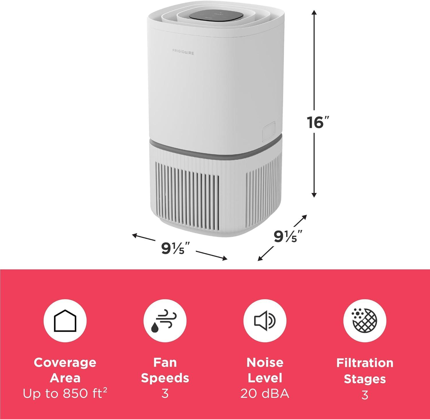 imageFrigidaire PureA300 HEPA Air Purifier for Small Bedrooms Covers up to 850 Sq Ft 3Stage Filtration Energy Star Certification Air Quality Monitoring Smart Mode Ultra Quiet White850 Square Feet