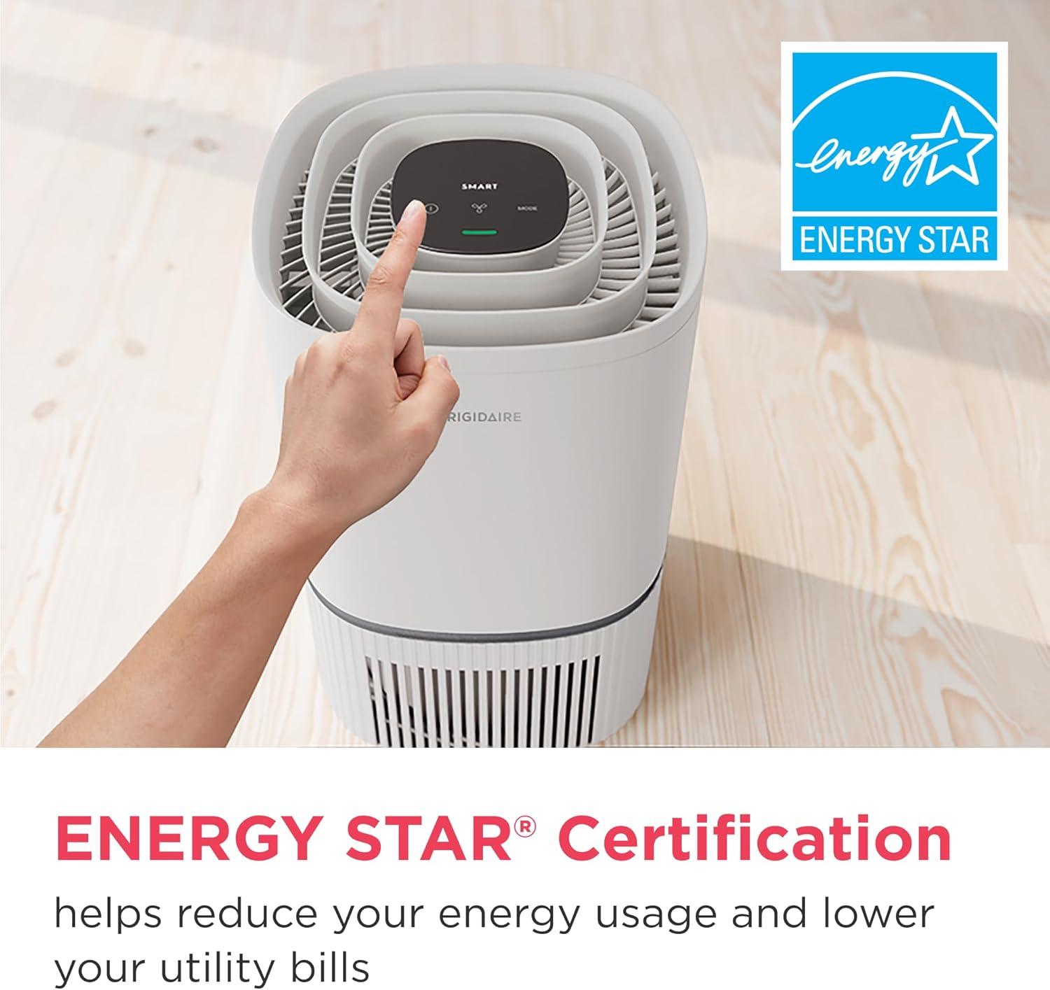 imageFrigidaire PureA300 HEPA Air Purifier for Small Bedrooms Covers up to 850 Sq Ft 3Stage Filtration Energy Star Certification Air Quality Monitoring Smart Mode Ultra Quiet White850 Square Feet