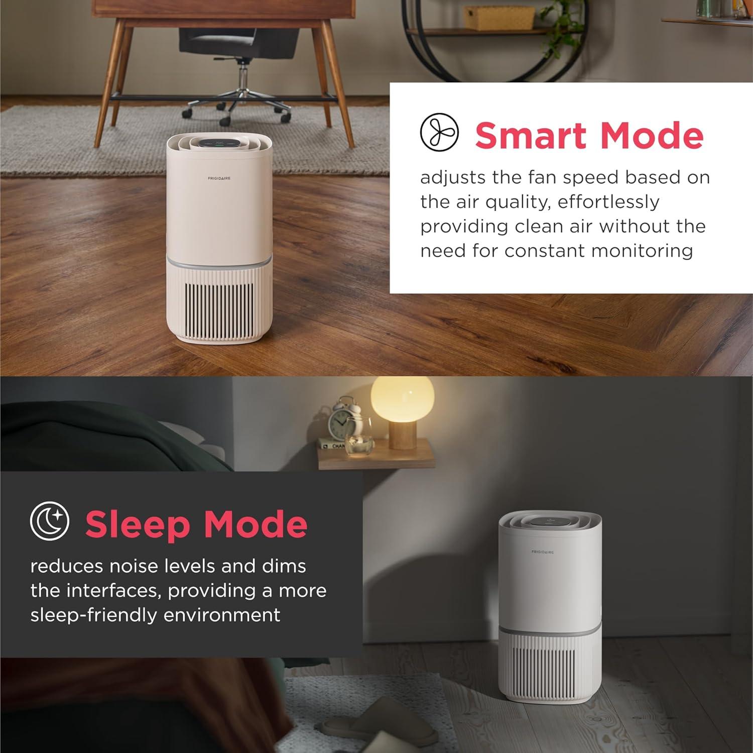 imageFrigidaire PureA300 HEPA Air Purifier for Small Bedrooms Covers up to 850 Sq Ft 3Stage Filtration Energy Star Certification Air Quality Monitoring Smart Mode Ultra Quiet White850 Square Feet Wifi