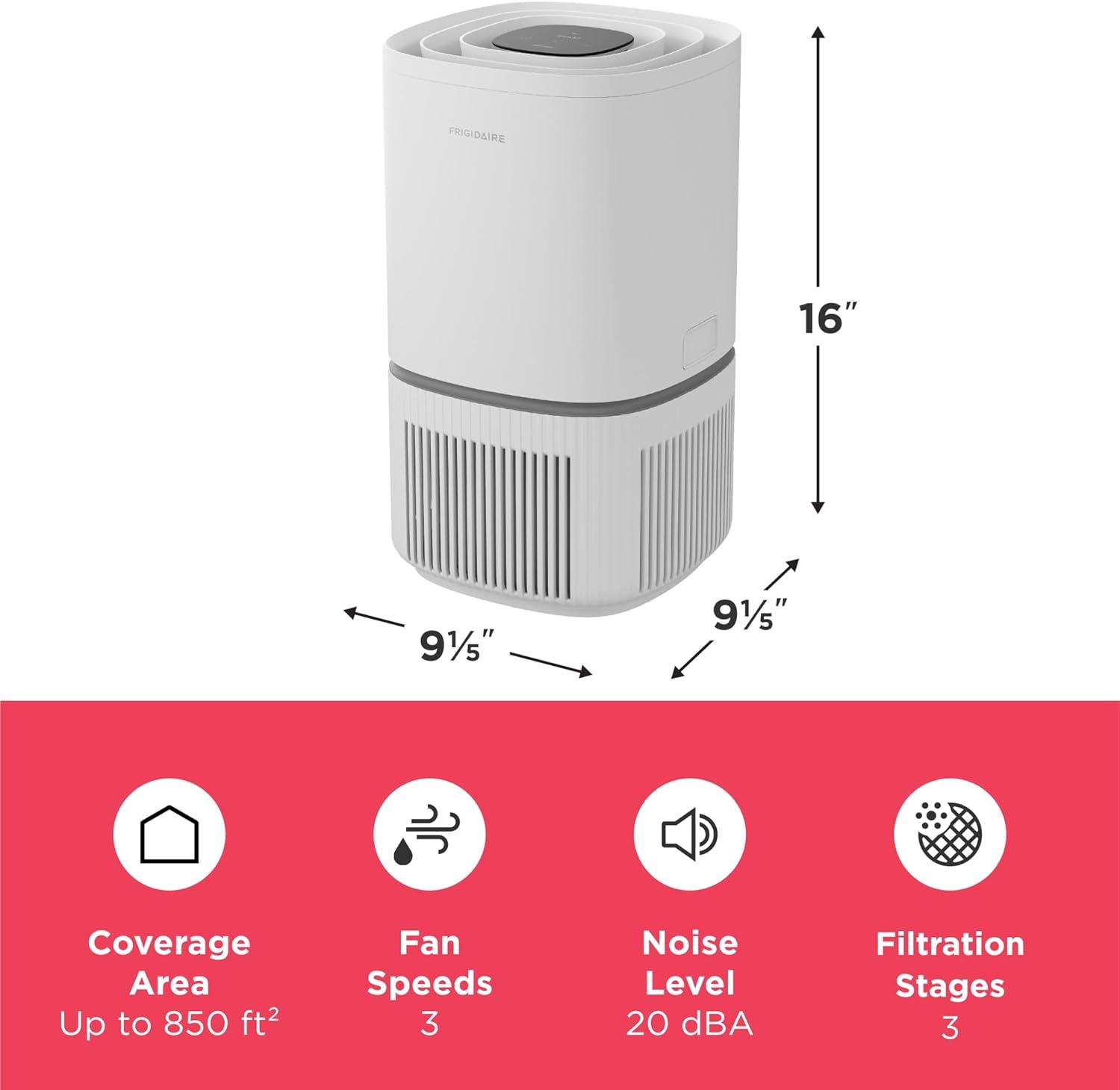 imageFrigidaire PureA300 HEPA Air Purifier for Small Bedrooms Covers up to 850 Sq Ft 3Stage Filtration Energy Star Certification Air Quality Monitoring Smart Mode Ultra Quiet White850 Square Feet Wifi