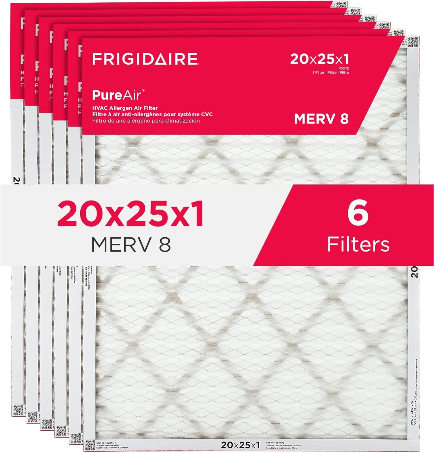 imageFrigidaire PureAir 20x25x1 MERV 8 Allergen Electrostatic Pleated Air Conditioner HVAC AC Furnace Filters 6 Pack exact dimensions 1981 X 2481 X 08120 x 25 x 1