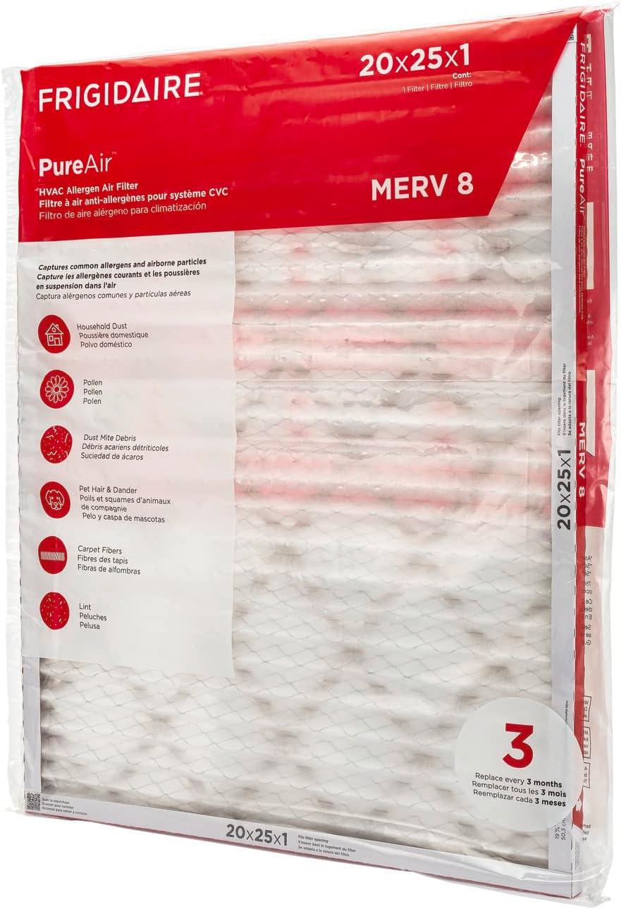 imageFrigidaire PureAir 20x25x1 MERV 8 Allergen Electrostatic Pleated Air Conditioner HVAC AC Furnace Filters 6 Pack exact dimensions 1981 X 2481 X 08120 x 25 x 1