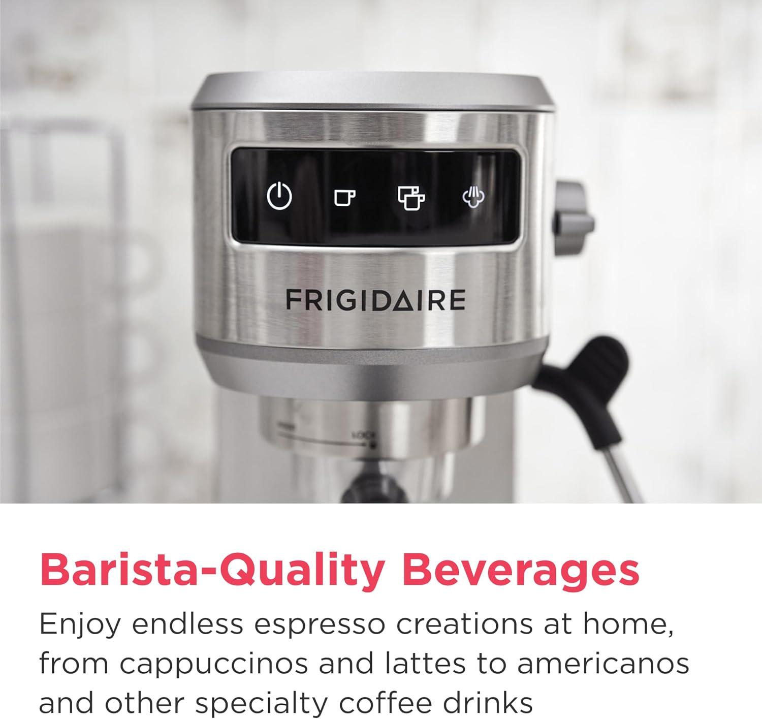 imageFrigidaire Steam Espresso Maker Coffee Machine with Milk Frother ampamp Cup Warmer 20 Bar Pressure 34 oz Removable Water Tank Single or Double Shot Stainless Steel