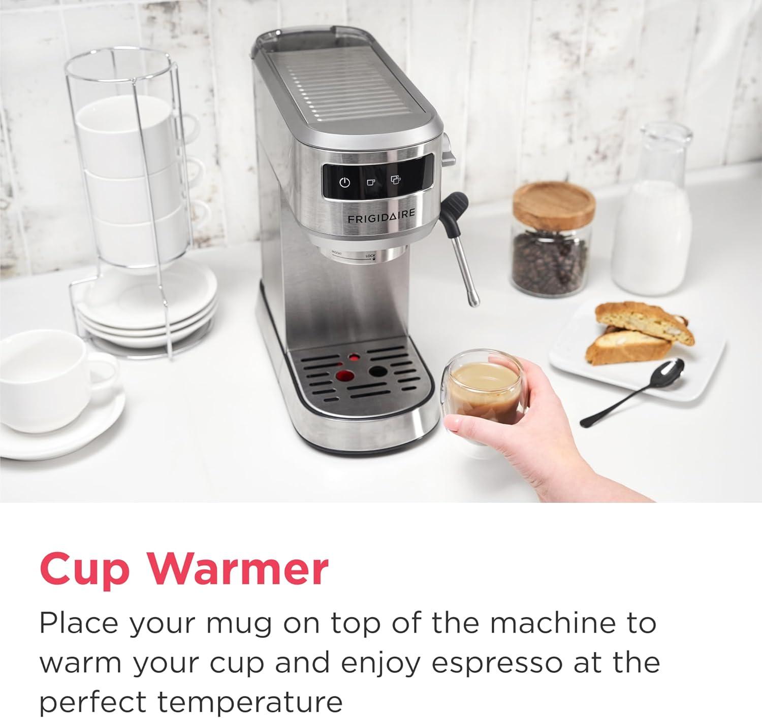 imageFrigidaire Steam Espresso Maker Coffee Machine with Milk Frother ampamp Cup Warmer 20 Bar Pressure 34 oz Removable Water Tank Single or Double Shot Stainless Steel