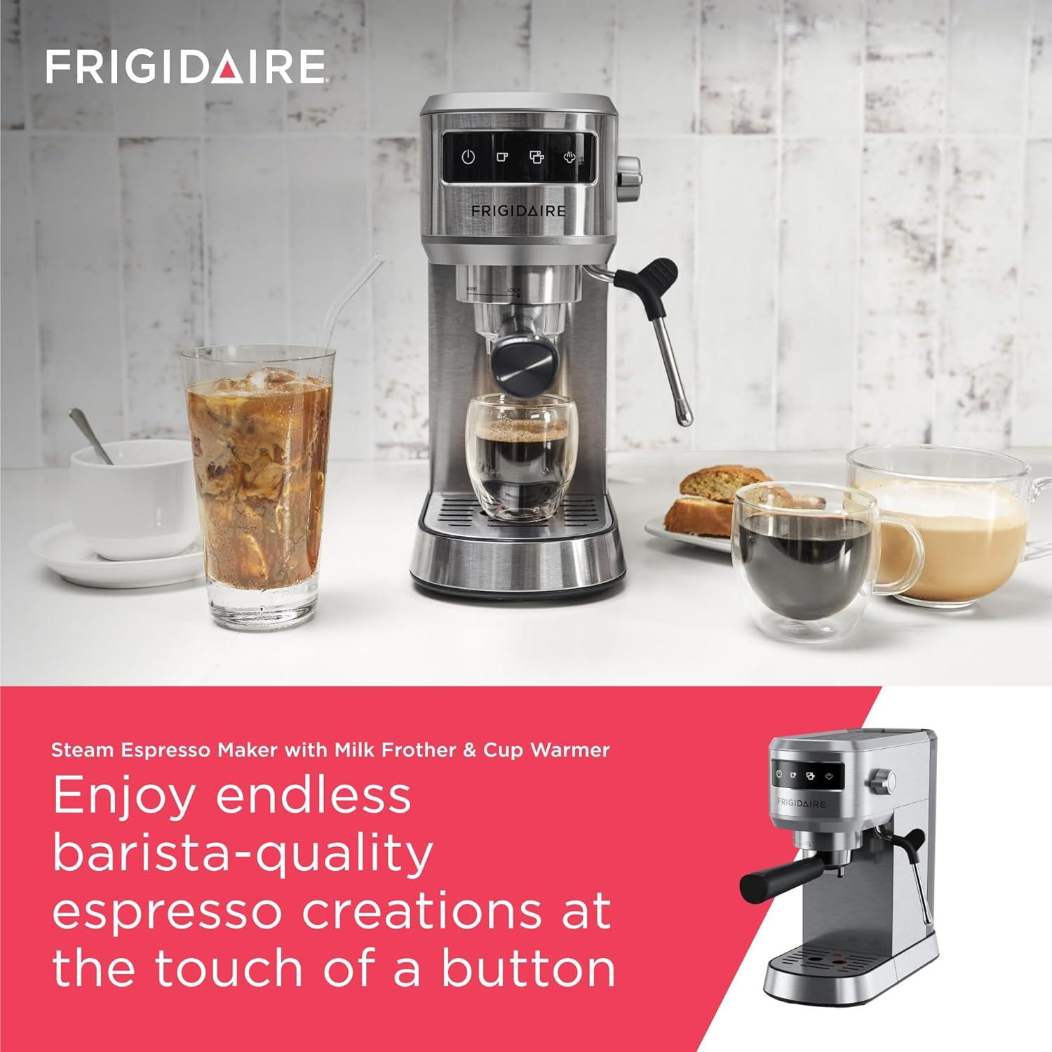imageFrigidaire Steam Espresso Maker Coffee Machine with Milk Frother ampamp Cup Warmer 20 Bar Pressure 34 oz Removable Water Tank Single or Double Shot Stainless Steel