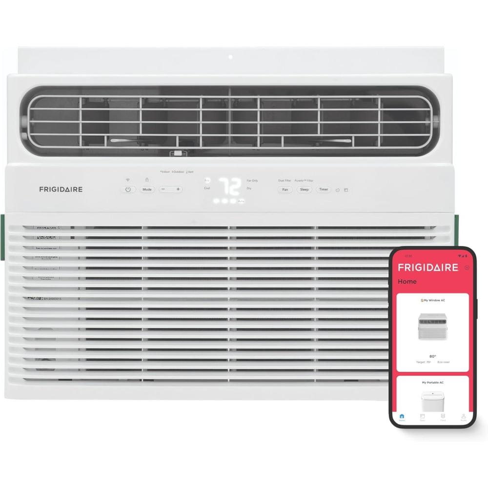 imageFrigidaire 8000 BTU Smart Window Air Conditioner with WiFi Cools Up to 350 Sq Ft Remote Control Quiet Operation Eco Mode 3 Fan Speeds WhiteNew 2024 12 000 BTU