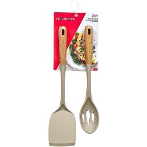 2PC Beechwood and Silicone Utensil Set, Large Turner, Large Slot Spoon, Kitchen Cooking Utensils with Beechwood Handle and Silicone Head (LIGHT TAUPE)(LIGHT TAUPE)