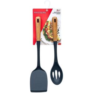 2PC Beechwood and Silicone Utensil Set, Large Turner, Large Slot Spoon, Kitchen Cooking Utensils with Beechwood Handle and Silicone Head (LIGHT TAUPE)(Navy)