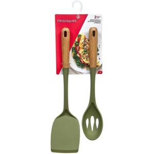 2PC Beechwood and Silicone Utensil Set, Large Turner, Large Slot Spoon, Kitchen Cooking Utensils with Beechwood Handle and Silicone Head (LIGHT TAUPE)(Olive)