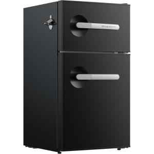 Frigidaire EFR3A1 Compact Small Top-Freezer Refrigerator, Stainless Steel Mini Bar Fridge, Platinum Series-21.26″ D x 17.83″ W x 33.5″ H, 3.2 cu ft Double Door(Black)